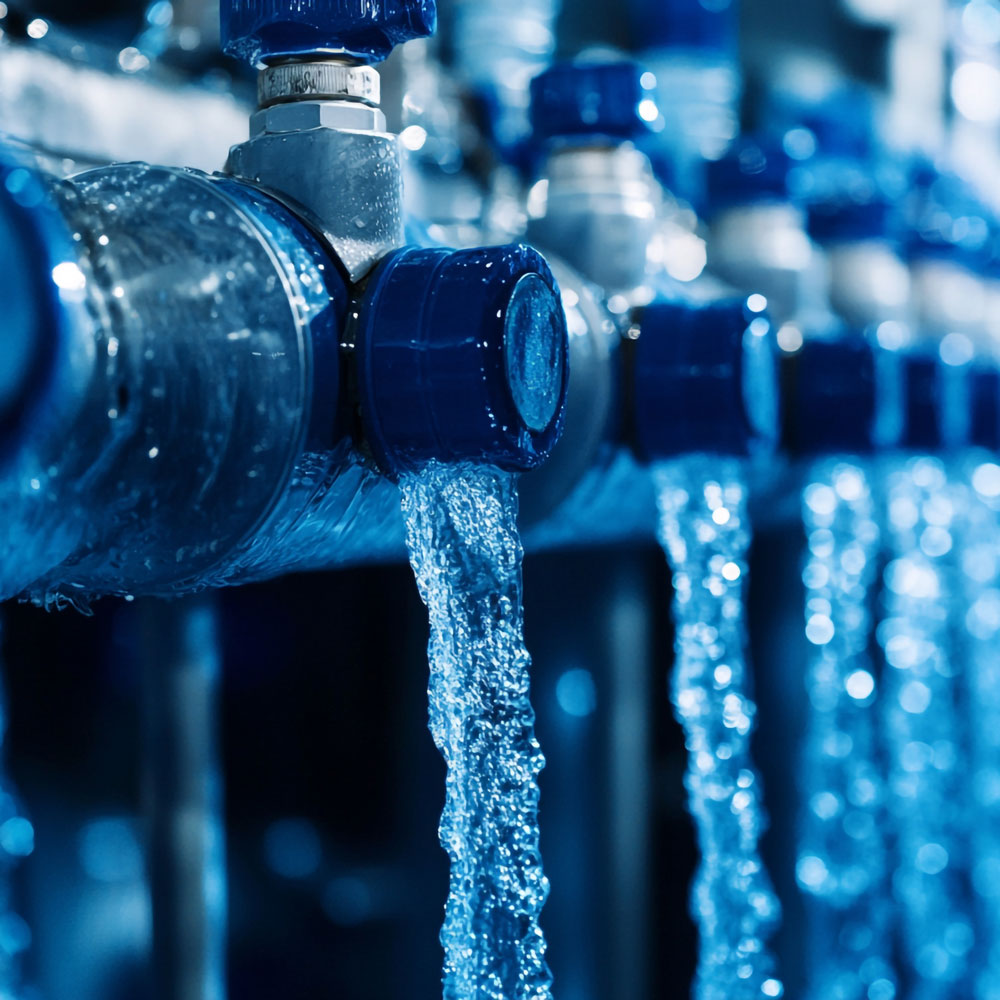 blau-valves-freisetzende Clean-Water-Flow-Down-Row-Industrial-Setting
